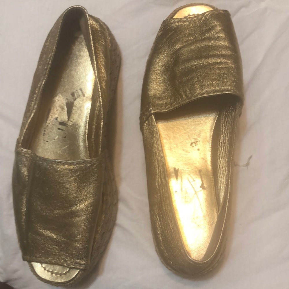 Prada- Gold Peep Toe platform Espadrilles Sz 9.
